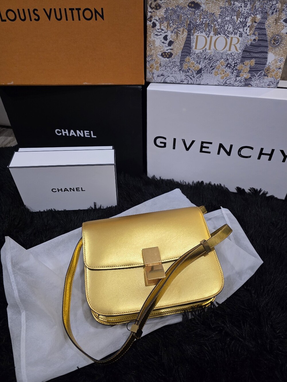 Authentic Celine Gold Leather Crossbody Bag
